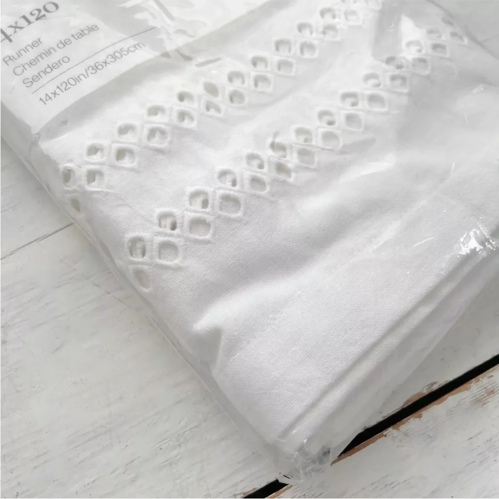 NEW Crate and Barrel Jemma Table Runner Eyelet Embroidered White 14 x 120